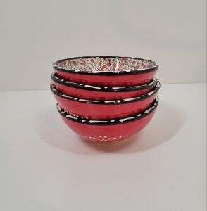 Nakkas Turkish Ceramic Red Floral Colorful Boho 4.5” Bowls Set Of 4